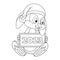 Colorless cartoon Rabbit in santa hat sitting and holding card with text 2023 in his paws. Black and white template for coloring