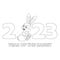 Colorless cartoon rabbit sitting among numbers 2023. Black and white template page for coloring book with Bunny as symbol of 2023