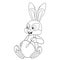 Colorless cartoon smiling Hare sitting and painting brush Easter egg. Coloring page. Template of coloring book Easter Bunny