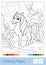 Colorless contour image of a skewbald horse in the meadow. Farm animals preschool kids coloring book illustrations