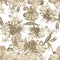 Colorless Hibiscus Backdrop. Brown Flower Textile. Gray  Seamless Plant. Watercolor Palm. Pattern Set. Tropical Plant. Exotic Desi