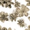 Colorless Hibiscus Backdrop. Gray Watercolor Foliage. Brown Seamless Design. Flower Leaves Pattern Textile. Tropical Print. Summer