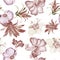 Colorless Hibiscus Background. Brown Flower Wallpaper. Gray Watercolor Plant. Floral Background. Seamless Garden.Pattern Painting.