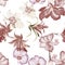 Colorless Hibiscus Garden. Gray Flower Palm. Brown Watercolor Leaves. Floral Foliage. Seamless Illustration.Pattern Illustration.