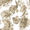 Colorless Hibiscus Plant. Brown Flower Garden. Gray  Seamless Wallpaper. Watercolor Painting. Pattern Wallpaper. Tropical Leaf. Ex