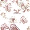 Colorless Hibiscus Wallpaper. Gray Flower Plant. Brown  Seamless Background. Watercolor Garden. Pattern Leaves. Tropical Illustrat