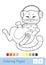 Colorless illustration of cute cat in T-shirt, listening to the music in headphones. Pets preschool kids coloring page