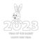 Colorless numbers 2023 and cartoon Rabbit. Black and white template for coloring book with Bunny as symbol of 2023 Chinese New