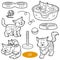 Colorless set of cute domestic animals and objects, vector cats