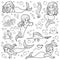 Colorless vector set of little girls mermaids and fish