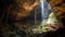 A colossal cave with light and waterfall from above.