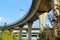 A colossal concrete motorway flyover access and egress.