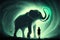 A colossal elephant with green glowing tusks confronts a young woman in a wondrous illustration. Fantasy concept , Illustration