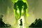 A colossal elephant with green glowing tusks confronts a young woman in a wondrous illustration. Fantasy concept , Illustration