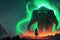 A colossal elephant with green glowing tusks confronts a young woman in a wondrous illustration. Fantasy concept , Illustration