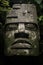 Colossal Olmec Head stone statue. Isolated against a black background. Cracked stone. Intricate detailed carving.