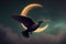 A colossal plump bird soaring through the nighttime skies alongside a crescent moon. illustration painting