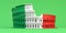 Colosseum or Coliseum in colors of italian Ffag on green background. Symbol of Rome and Italy