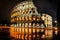 Colosseum in Rome, Italy at night with reflection in water. Generative AI