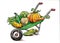 Colour illustration of a wheelbarrow filled with vegetables.