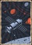 Colour space poster with illustration of a satellite in vintage style
