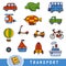 Colour transport set, collection of vector items with names in English. Cartoon visual dictionary