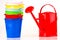 Coloured buckets and watering can