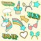 Coloured doodle stickers. Unicorn, heart glasses, star, cupcake, circle hare, reindeer. Signs wow, yes, do that