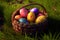 Coloured Easter eggs in basket. Collection.