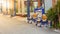 Coloured yellow and blue benches on promenade