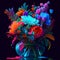 Colourful abstract flowers in vase vibrant bright colors dark background