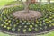 A colourful arrangement of flowers around the base of a large tree