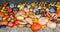 Colourful assortment of pumpkins, squashes and gourds