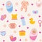 Colourful baby items seamless pattern on beige background.