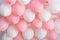 Colourful balloons, pink, white, streamers. Helium Ballon floating in birthday party. Concept balloon of love and