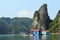 Colourful blue wooden houses at floating village of Vung Vieng, Halong Bay Vietnam