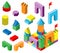 Colourful building blocks for development children. Isometric vector illustration