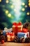 Colourful Christmas presents tied with red bows alongside pine cones and baubles bokeh background vertical generative AI