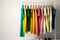 Colourful clothes on clothing rack, bright colorful closet in shopping store or bedroom. Rainbow color clothes choice on hangers,