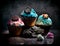 Colourful cupcakes lying on stones