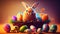 Colourful Cute Easter Bunny in Basket with Eggs Generative AI Illustration