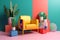 colourful design armchair art interior home room sofa geometric memphis illustration. Generative AI.
