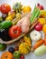 Colourful and different vegetables and fruits in a basket