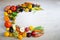 Colourful and different vegetables and fruits in a semicircle