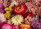 Colourful dried flowers, photographed with a macro lens at RHS Wisley garden, Surrey UK.