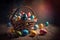 Colourful Easter eggs with flowers in a wicker basket on an old wooden table