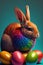 Colourful easter rabbit with easter eggs on blue background, created using generative ai technology