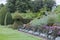 Colourful english garden with flowers, topiary plants, trees, shrubs