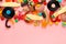 Colourful festive sweets and candies, top view with space for greetings