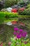 Colourful flowers and shrubs grow around the lake at the John Lewis Longstock Park Water Garden, Hampshire UK